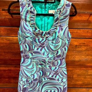 Trina Turk teal, blu and gold cocktail dress
